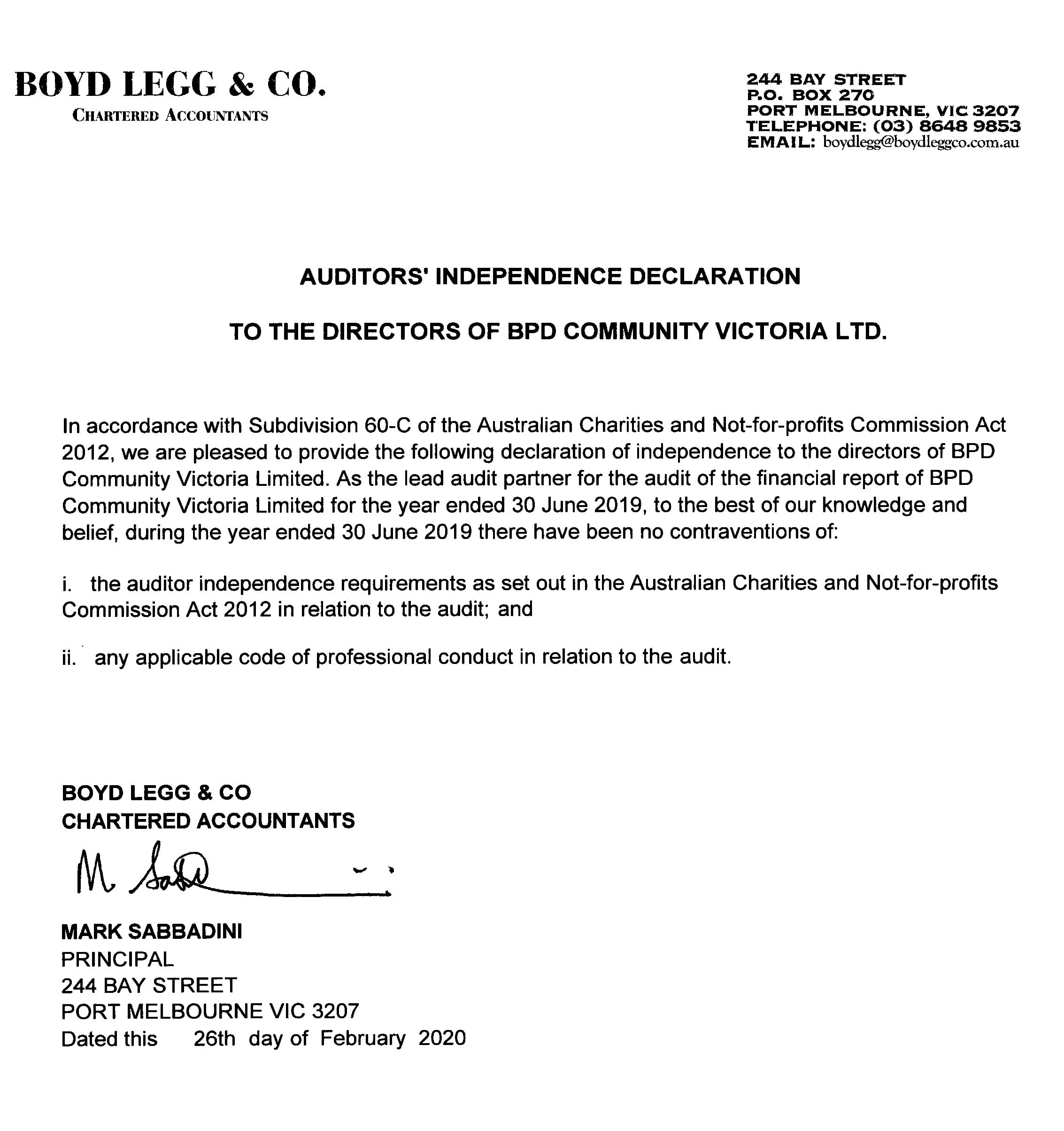 Auditors Report eofy 2019